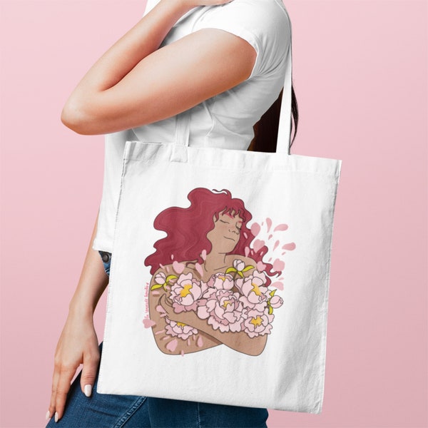 Tote bag Cœur Fleuri Sac coton Fleurs Pivoine