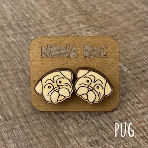 Pug Earrings - Dog Earrings - Puppy Earrings - Pet Earrings - Wooden Earrings