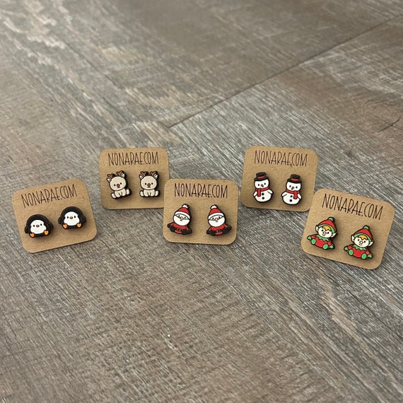 Christmas Earrings - laser cut earrings - wooden earrings- Santa elf snowman reindeer penguin