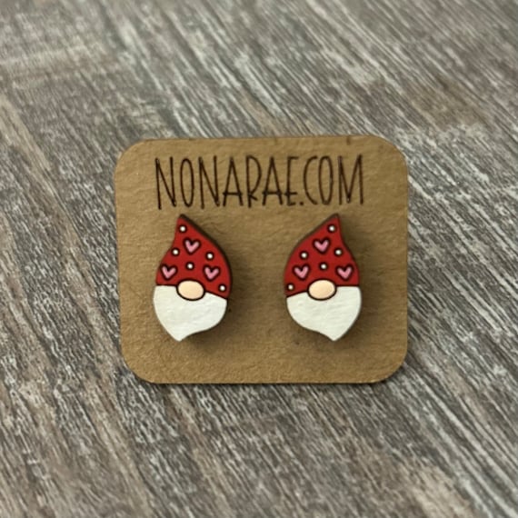 Valentine’s Day Earrings - Gnome Earrings - Heart Wooden Earrings- laser Cut - hand painted - Holiday Earrings