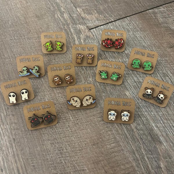 Baby Cryptid Earrings – Cryptid Cuties Series – Cute Mothman Frogman Bigfoot Stud Earrings