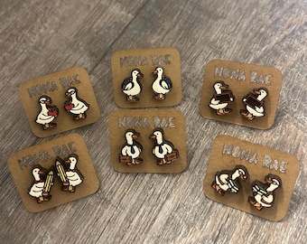 Teacher Goose Stud Earrings – Back to School Geese with Books, Apples & Supplies – Laser Cut Wooden Earrings