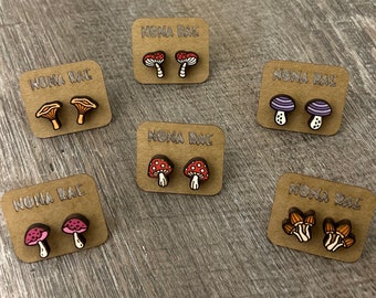 Mushroom Earrings - Cottage Core Earrings -wooden earrings- plant Earrings