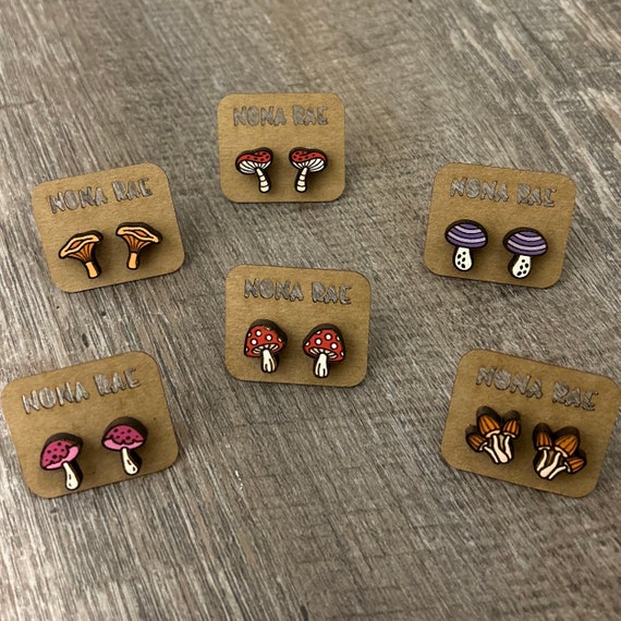 Mushroom Earrings - Cottage Core Earrings -wooden earrings- plant Earrings