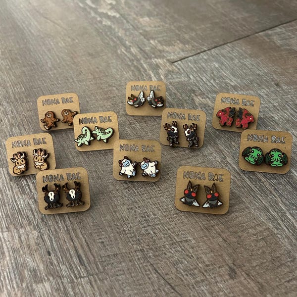 Cryptid Cutie Earrings – Tiny Hand-Painted Wooden Studs of Mythical Creatures