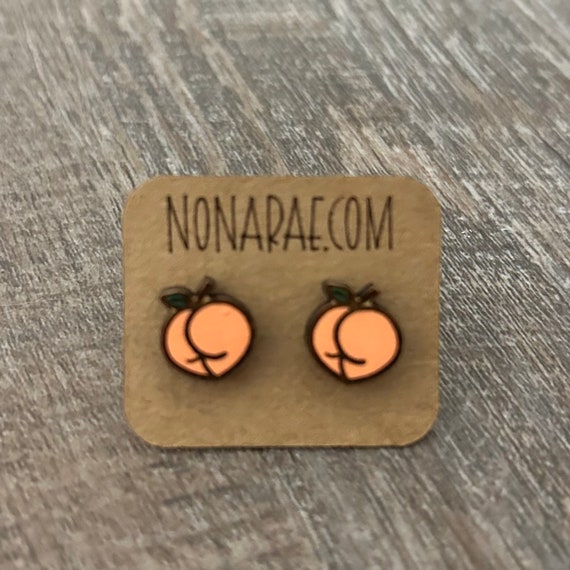 Peach Earrings - butt Wooden Earrings- laser Cut - hand painted- funny earrings