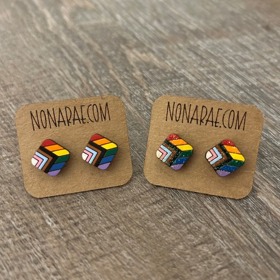 Progress Pride Earrings - Rainbow Wooden Earrings -Pride Earrings - LGBTQ Earrings