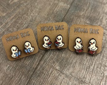 Bookish Goose Earrings – Cute Book Lover Wooden Studs
