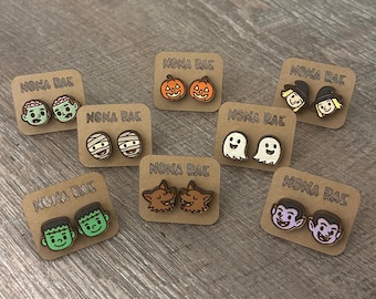 Halloween Stud Earrings – Pumpkin, Witch, Ghost, Mummy, Werewolf, Frankenstein, Vampire & Zombie Designs – Laser Cut Wooden Earrings