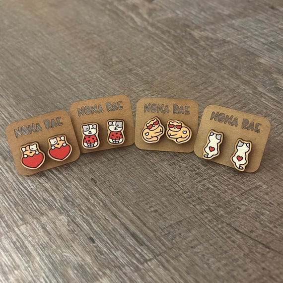 Valentine’s Day Kitty Cat Wooden Earrings - Laser Cut wooden earrings