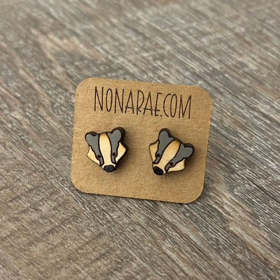 Wooden Badger Earrings - laser cut - hand painted