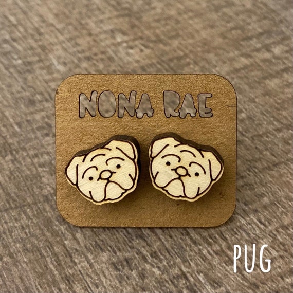 Pug Earrings - Dog Earrings - Puppy Earrings - Pet Earrings - Wooden Earrings