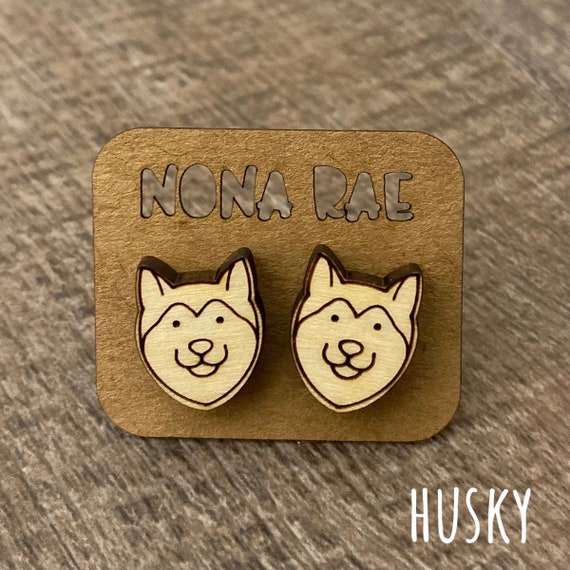 Husky Earrings - Dog Earrings - Puppy Earrings - Pet Earrings - Wooden Earrings