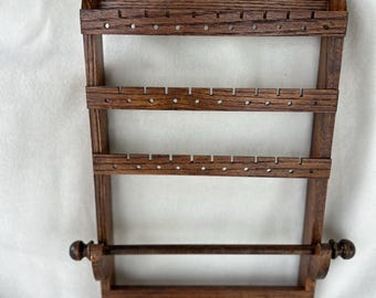 Dark Oak Wall Mounted Jewelry Organizer: Earring, Necklace & Bracelet Holder