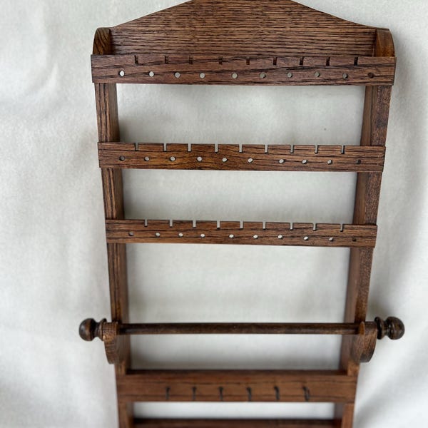Dark Oak Wall Mounted Jewelry Organizer: Earring, Necklace & Bracelet Holder