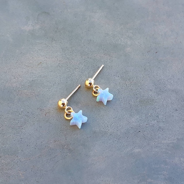 Opal earrings,14k solid gold opal stud earrings,blue opal star earring,14k yellow gold ball studs,earring jewelry gift for her