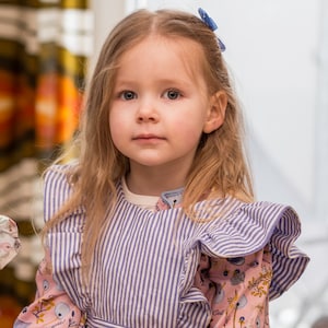 Apron dress, blue white striped, in 104