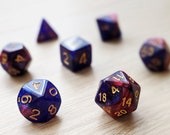 Rose Galaxy Polyhedral Dice Set - Indigo Purple Blue and Pink Marble with Blue Green Reflect Glitter