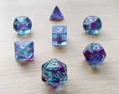 Hypnotic Waters Polyhedral Dice Set - Transparent Purple and Blue Swirl