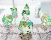 Monet Polyhedral Dice Set - Clear with Green and Blue Swirls