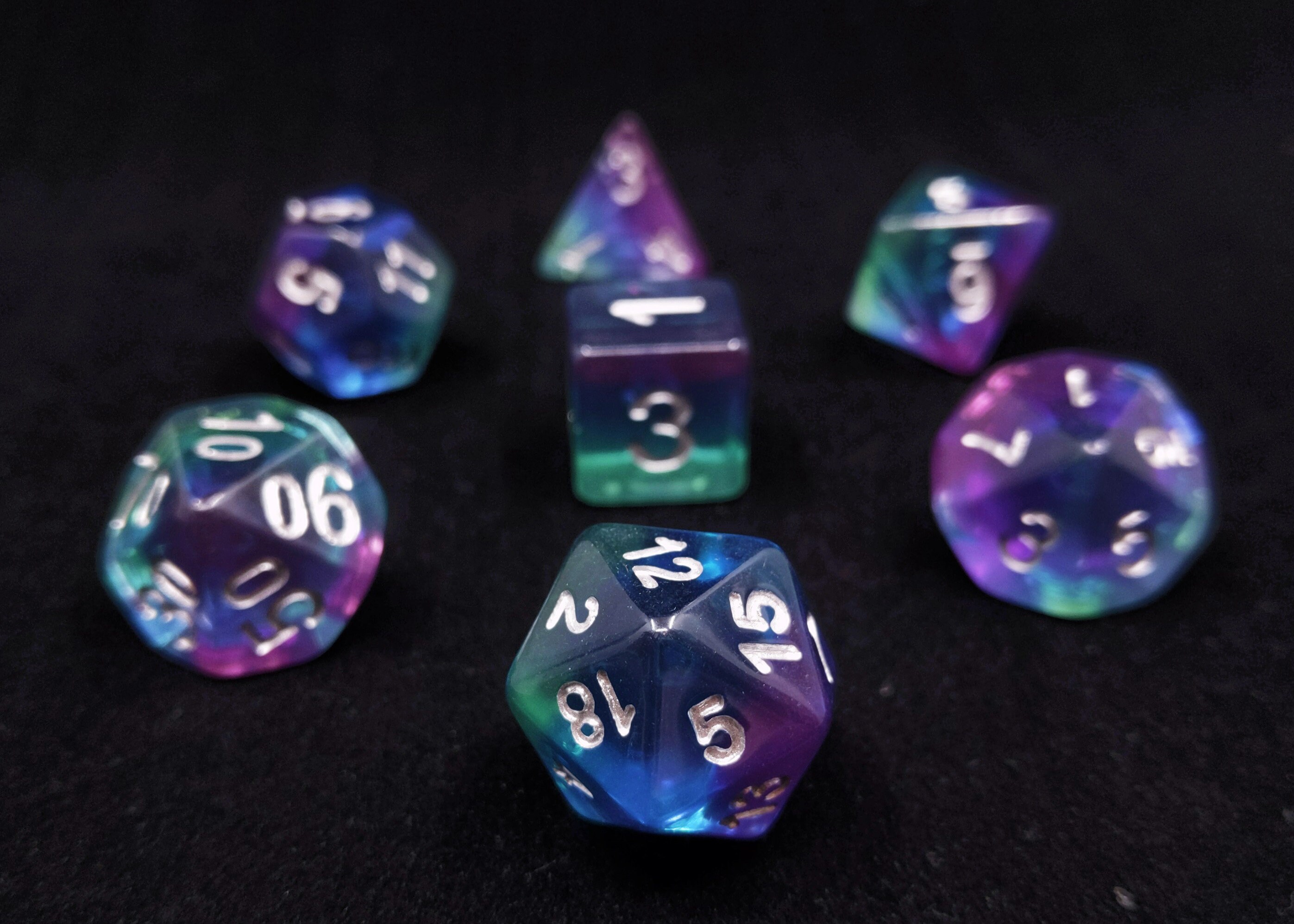 Enchanted Lagoon Polyhedral Dice Set - Transparent Rainbow Purple Gre…