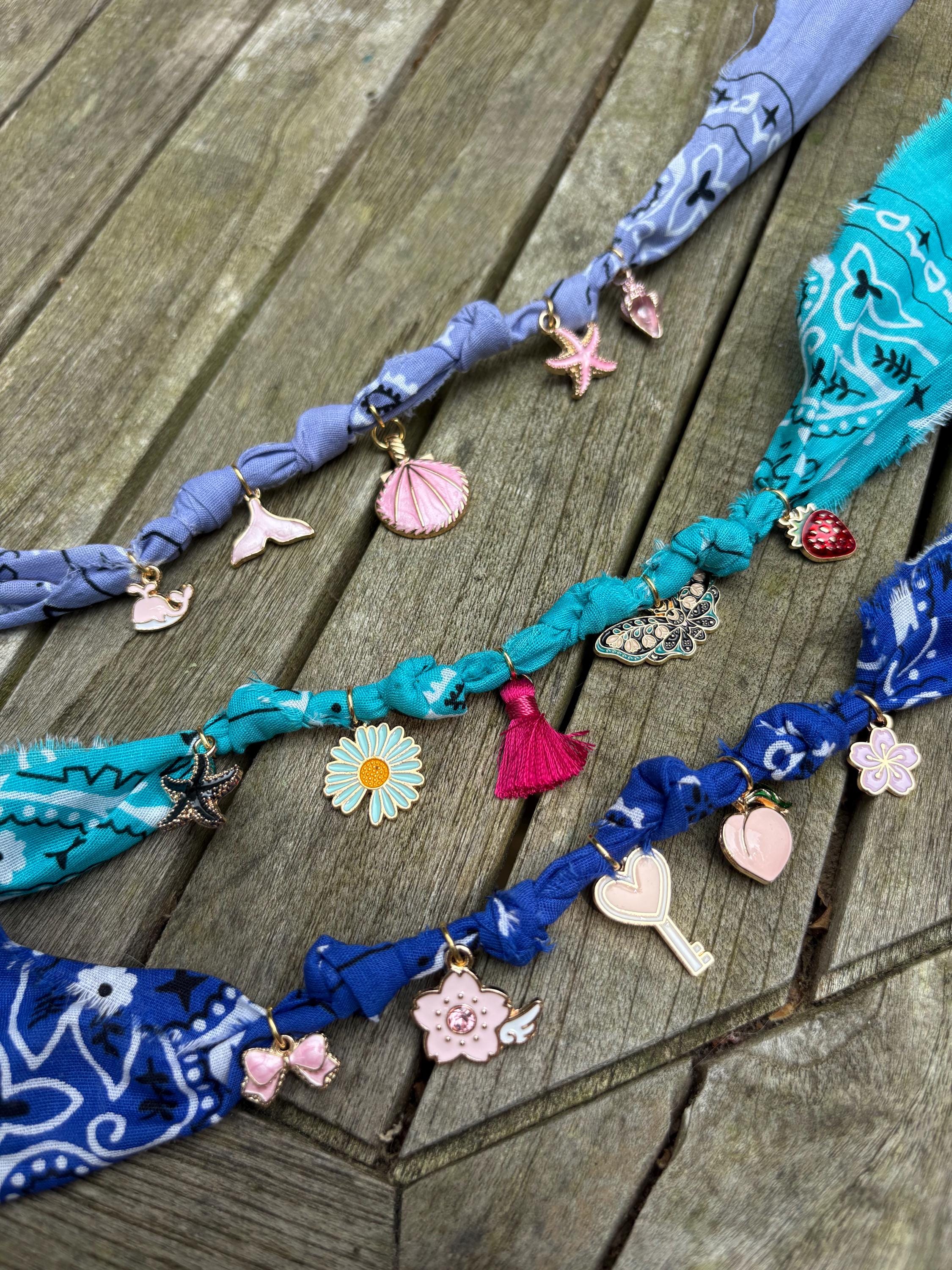 Hand Knotted Bandana Bracelet or Anklet with Charms, Summer Bandana Bracelet or Anklet with Charms