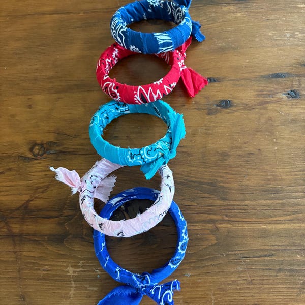 Bandana Wrapped Wood Bangle Bracelet: Cotton Tie Accent