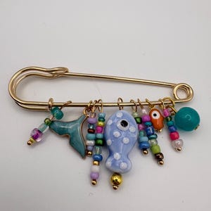 Gold-Plated Beaded Safety Pin Brooch with Fish, Starfish, Shell Charms; Bag Charm