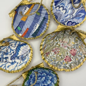 Decoupaged Scallop Shell Ornaments; Tote Charm, Bag Charm