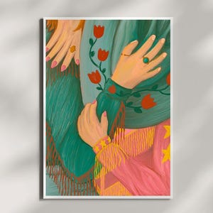 May include: An art print featuring a close-up of two figures embracing. The figures are depicted with skin tones of peach and tan, wearing teal and pink clothing. The teal garment is adorned with red floral accents. The hands are adorned with rings and bracelets.