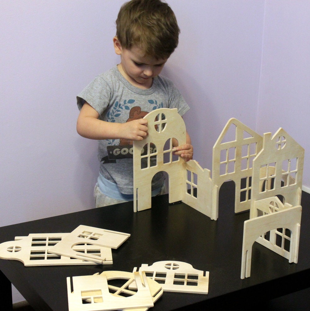 Wooden House Block Set Building block houses Natural Waldorf Etsy