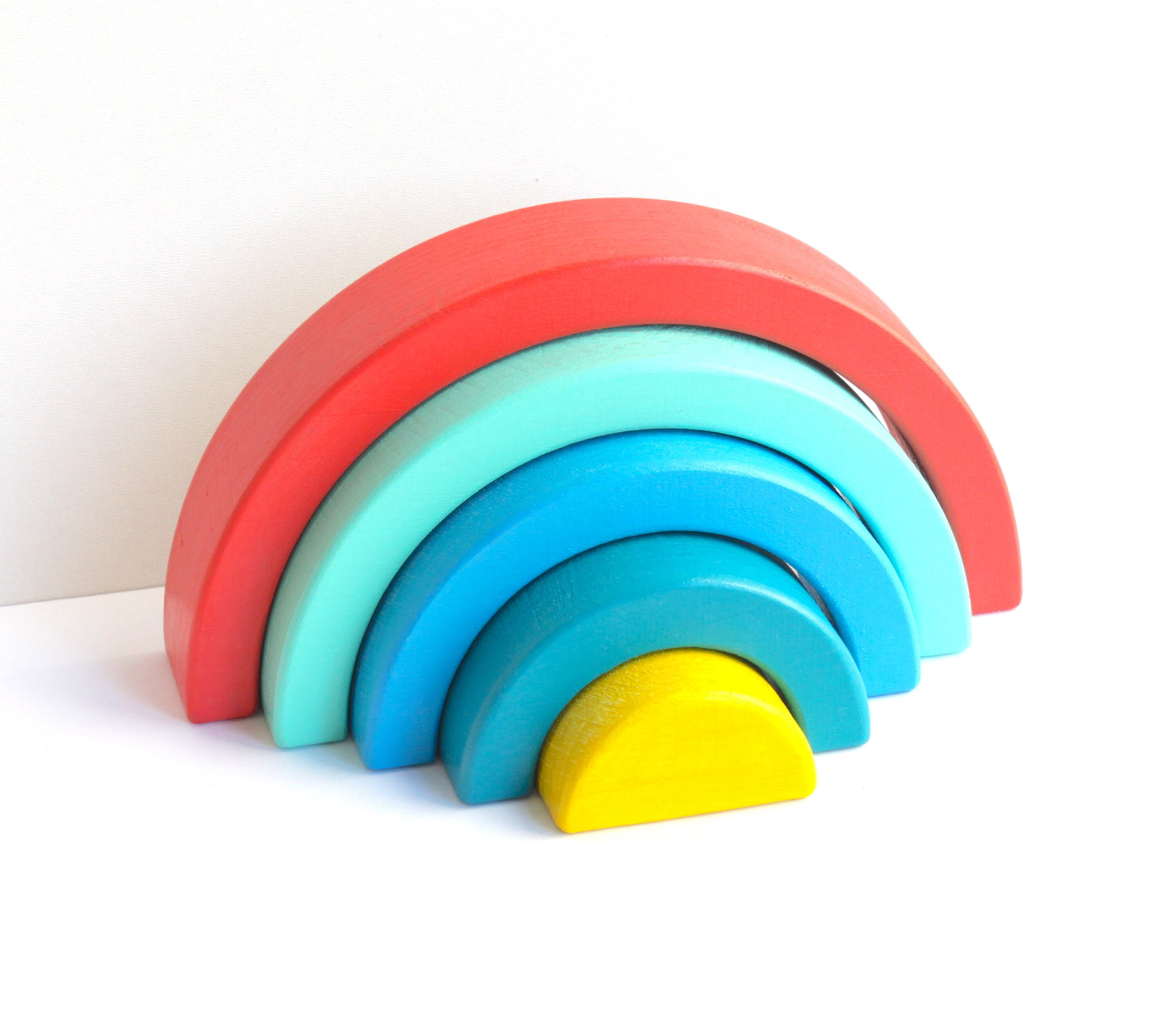 Rainbow Stacker 5 colors Wood Waldorf Montessori Toy Puzzle Etsy