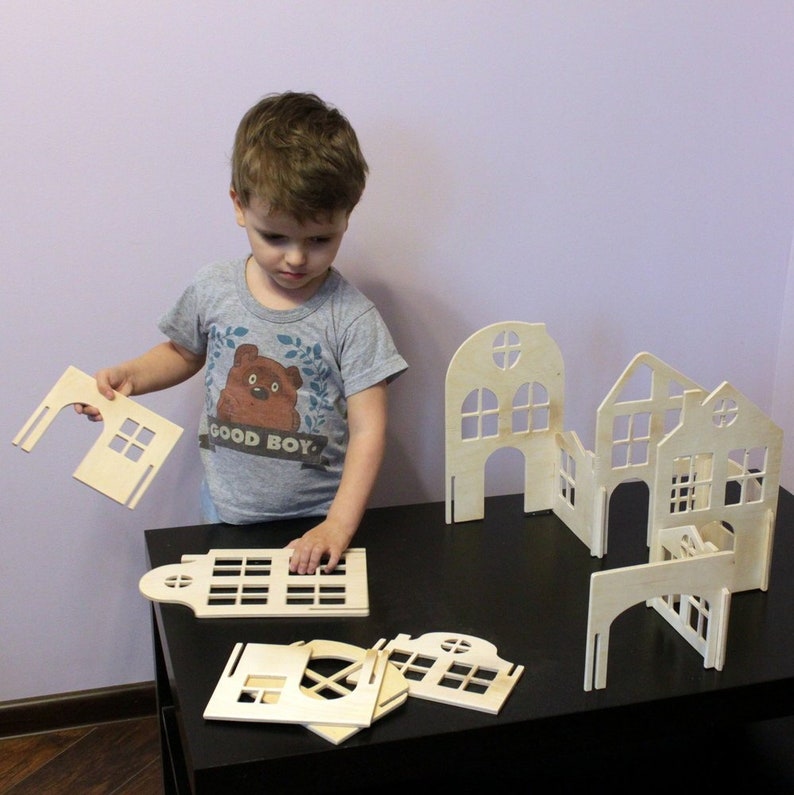 Wooden House Block Set Building block houses Natural Waldorf toy Wood toy plywood house Montessori toy Educational toys Constructor Gift boy
