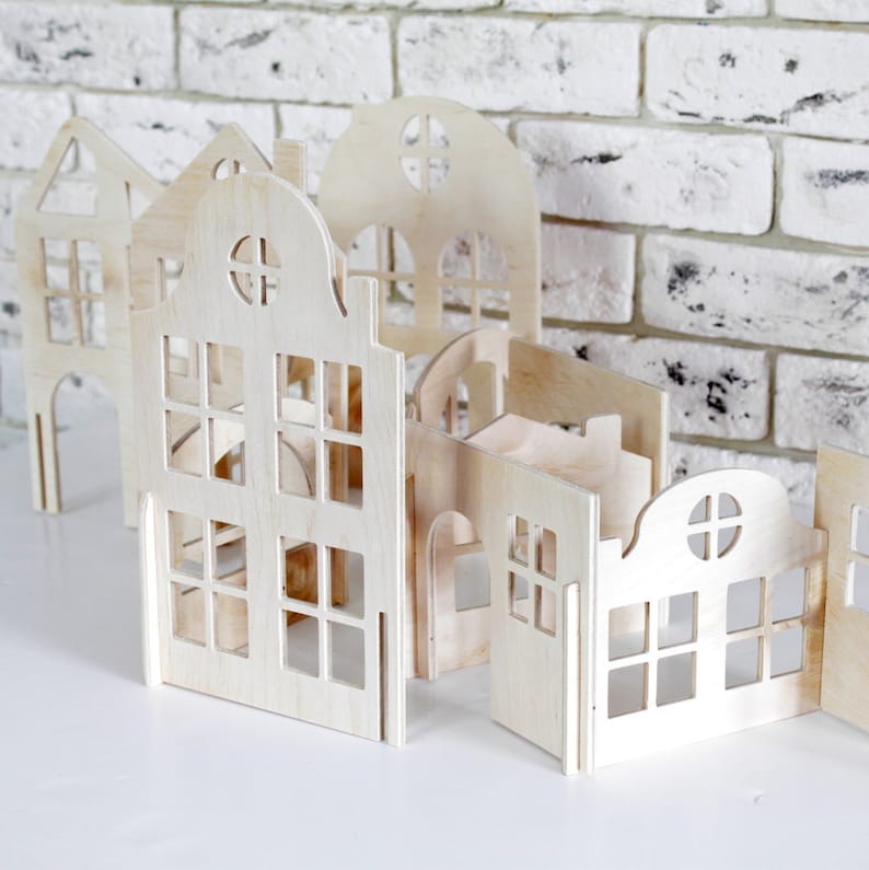 Wooden House Block Set Building block houses Natural Waldorf toy Wood toy plywood house Montessori toy Educational toys Constructor Gift boy