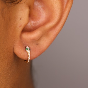 14k Diamond Snake Earrings, Diamond Snake Huggie Earrings, Solid Gold Hoop Earrings, 14k Emerald diamond hoop earrings - (2-C5-C7)