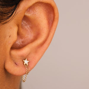 14k Diamond Star Earrings, Gold Chain Star Earrings, Celestial Jewelry, Solid Gold Hoop Earrings, black friday sale, 14k Chain Studs