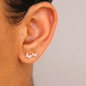 14k Diamond Butterfly Earrings, Gold Tiny Diamond Studs, Dainty gold studs, dainty diamond studs, 2nd hole earring - (4-A6-A7)