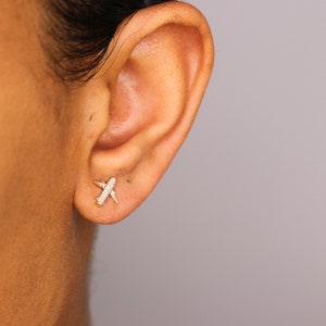 14k Diamond Airplane Stud Earrings, Dainty Diamond Earrings, Minimalist Stud Earrings, 14k Diamond Earring, Everyday Studs - (4-D4)