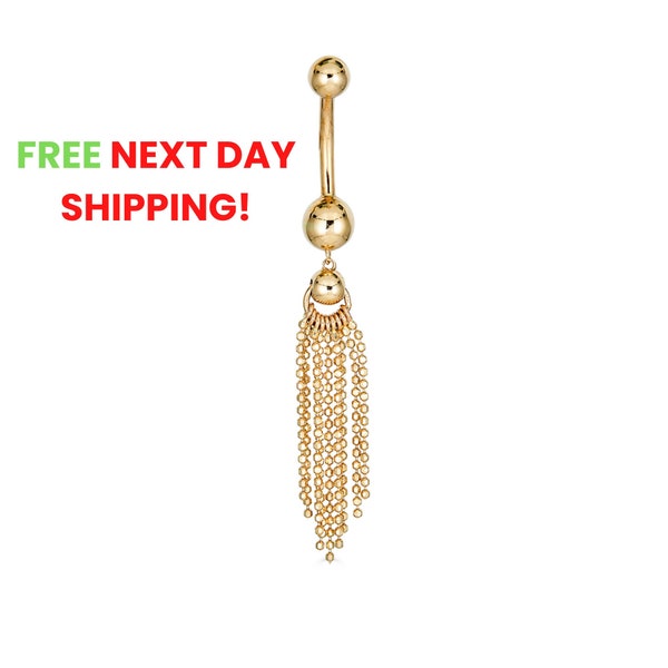 14K Gold Chain Dangle Belly Ring, Solid Gold Tassel Belly Ring, Real Gold Belly Ring, 14K Gold Chandelier Belly Ring, Gift For her