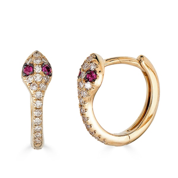14k Diamond Snake Earrings, Diamond Snake Huggie Earrings, Black Friday Sale, Solid Gold Hoop Earrings, 14k Ruby diamond hoop earrings(2-A2)