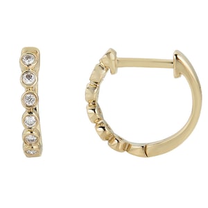 14k Diamond Huggie Hoop Earrings, Solid Gold Hoop Earrings, tiny diamond hoop earrings,Diamond Bezel huggie 14k Gold Hoops - (1-D7, 1-E7)