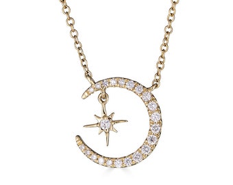 14k Gold Diamond Crescent Moon & Star Necklace, Star Moon Diamond Necklace, Moon Pendant, Diamond Star, Celestial Jewelry, Black Friday Sale