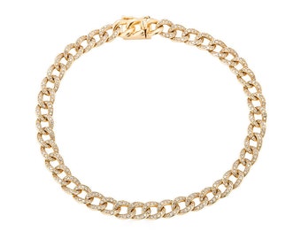 14k Gold Diamond Cuban Link Bracelet, Solid Gold Diamond Link Bracelet, thick gold bracelet, diamond stacking bracelet - (7-A2)