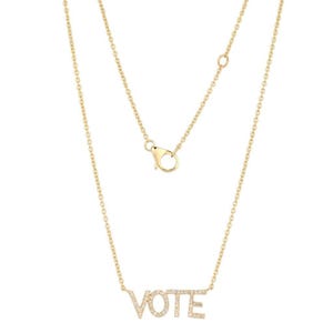 14K Vote Necklace, Diamond vote pendant, diamond vote charm, real gold vote necklace, political jewelry, gift for her, rock the vote