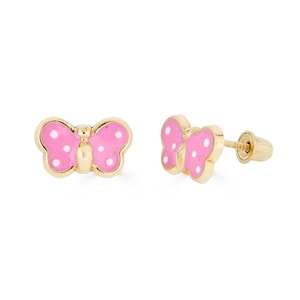 14K Large Pink Butterfly Studs, Solid Gold earrings for girls, Butterfly earrings for girls, Solid Gold Screw back earrings for children