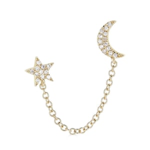 14k Diamond Star Earrings, Celestial Jewelry, 14k diamond moon earrings, chain earrings, gold 2nd hole earrings, gift - (5-A6_