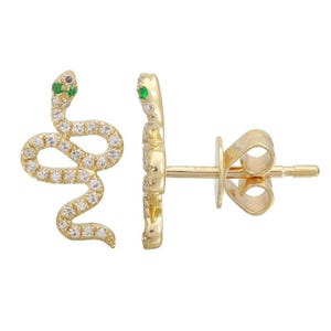 14K Gold Snake Diamond Stud Earrings Emerald Eyes, Solid Gold Emerald Eye snake studs, Real Gold Stud earrings, Gift for her