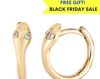 14k Gold Diamond Snake Huggie Earrings, Tiny Gold Hoops