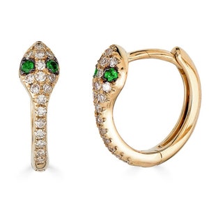 14k Diamond Snake Earrings, Diamond Snake Huggie Earrings, Solid Gold Hoop Earrings, 14k Emerald diamond hoop earrings - (2-C5-C7)