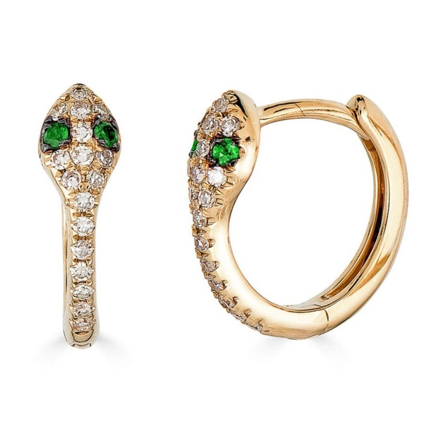 14k Diamond Snake Oorbellen, Diamond Snake Huggie Oorbellen, Solid Gold Hoop Oorbellen, 14k Emerald diamanten hoepel oorbellen - (2-C5-C7)